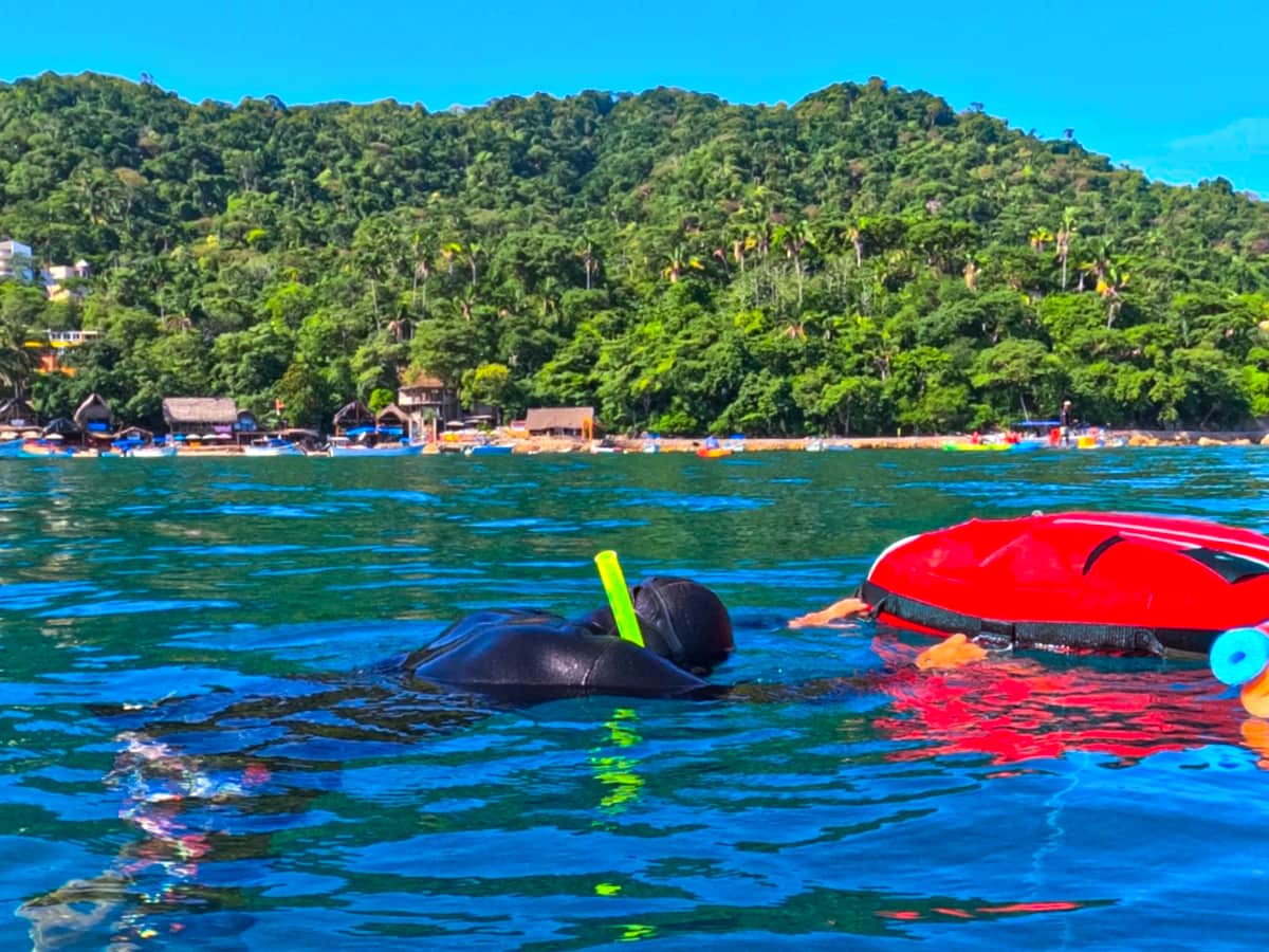 Snorkeler in a wetsuit floating beside a red buoy, jungle-covered hillside and a small beach behind