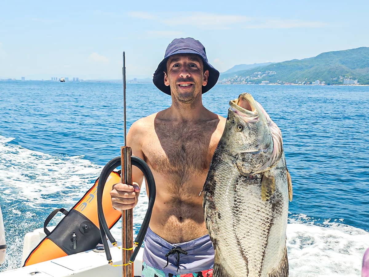 Spearfisher on a boat holding a large fish and a speargun, coastline and hills behind