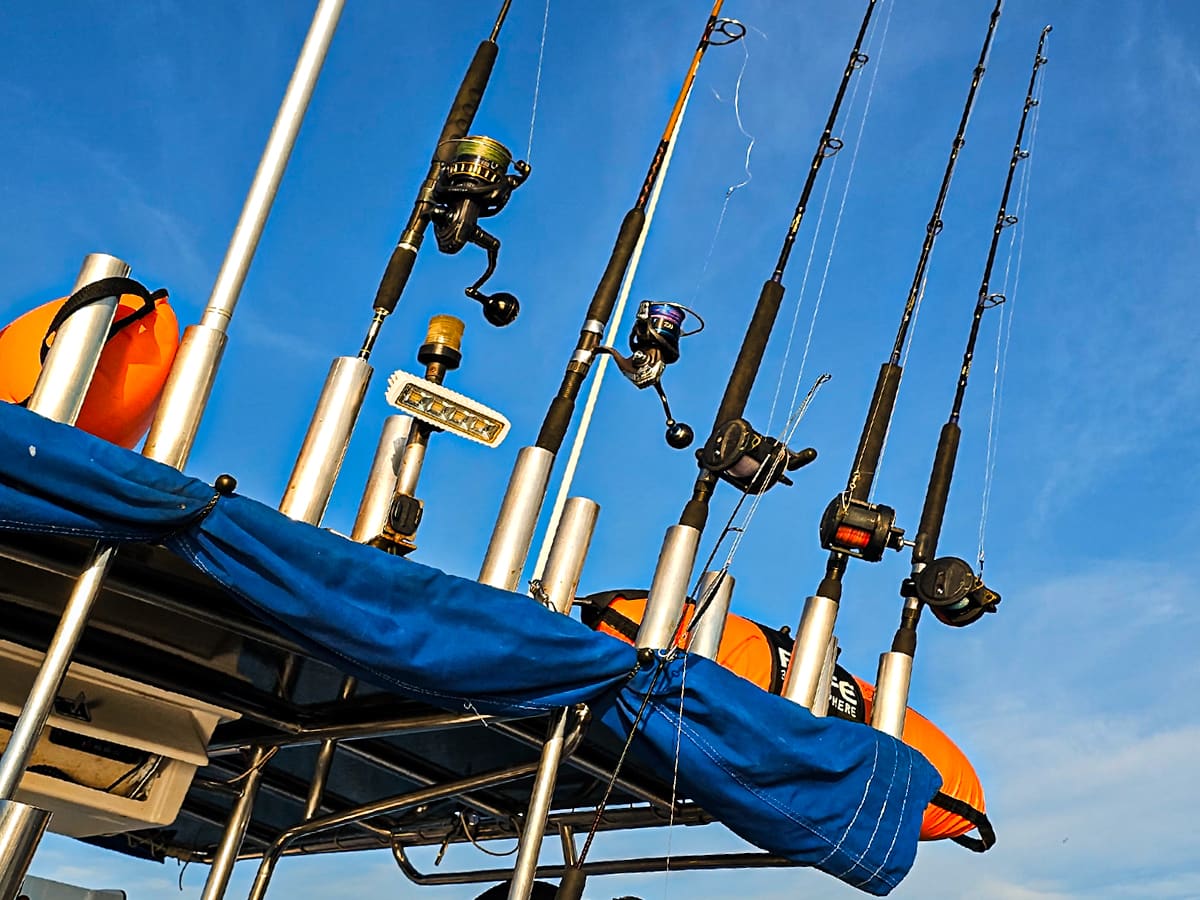 Row of fishing rods in holders on a boat's top under a blue sky